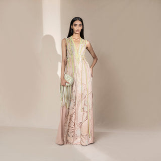 full front view of Women's blush pink floor-length jacket with sheer neon leaf embroidery – statement embroidered overlay for modern party looks