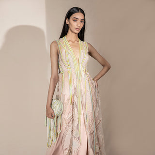 Women's blush pink sheer embroidered jacket with neon thread leaf appliqué – artistic overlay for contemporary partywear