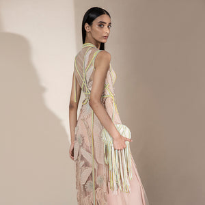 rear view of Women's blush pink sheer embroidered jacket with neon thread straps and leaf appliqué – youthful designer overlay for party looks