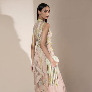 rear view of Women's blush pink sheer embroidered jacket with neon thread straps and leaf appliqué – youthful designer overlay for party looks
