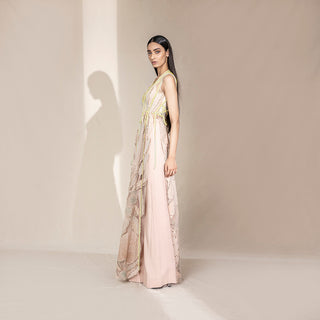 side view of Women's blush pink sheer jacket with neon thread embroidery and side slit – modern embroidered overlay for stylish partywear