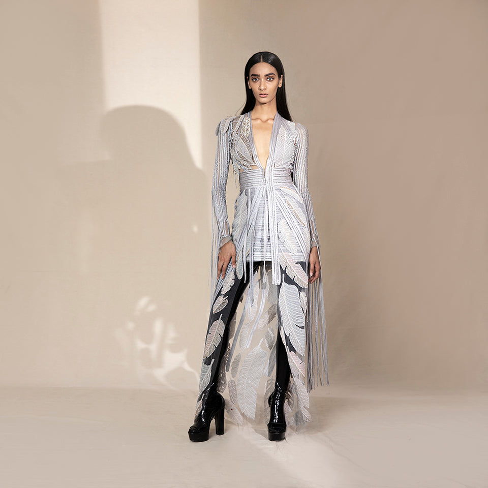 Floor-length jacket and short skirt with embroidered stripe bands and leaf motifs – bold silhouette with texture play, youngster party , cocktail jacket, jacket and mini skirt