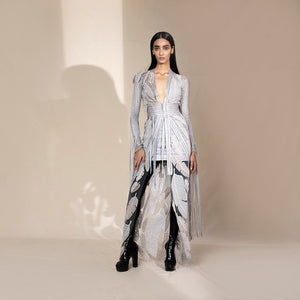 Floor-length jacket and short skirt with embroidered stripe bands and leaf motifs – bold silhouette with texture play, youngster party , cocktail jacket, jacket and mini skirt