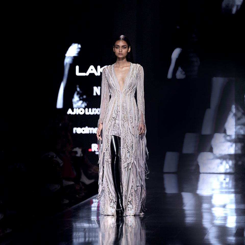 Floor-length jacket with pearl tassel drapes – opulent designer piece, high fashion statement layering piece