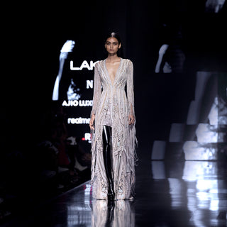 Floor-length jacket with pearl tassel drapes – opulent designer piece, high fashion statement layering piece