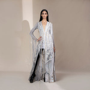 Women's silver floor-length jacket with pearl tassels and fan motif embroidery – luxury couture piece for statement styling