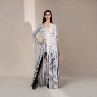 Women's silver floor-length jacket with pearl tassels and fan motif embroidery – luxury couture piece for statement styling