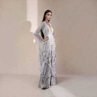 Women's silver embellished jacket with long pearl tassels and fan motif detailing – luxe couture outerwear for gala styling