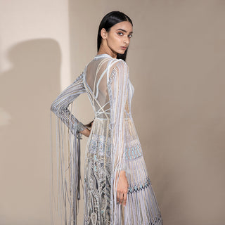 upper back view of Women's sheer embroidered jacket with pearl tassels and cross-back detail – couture fashion layer with intricate embellishments