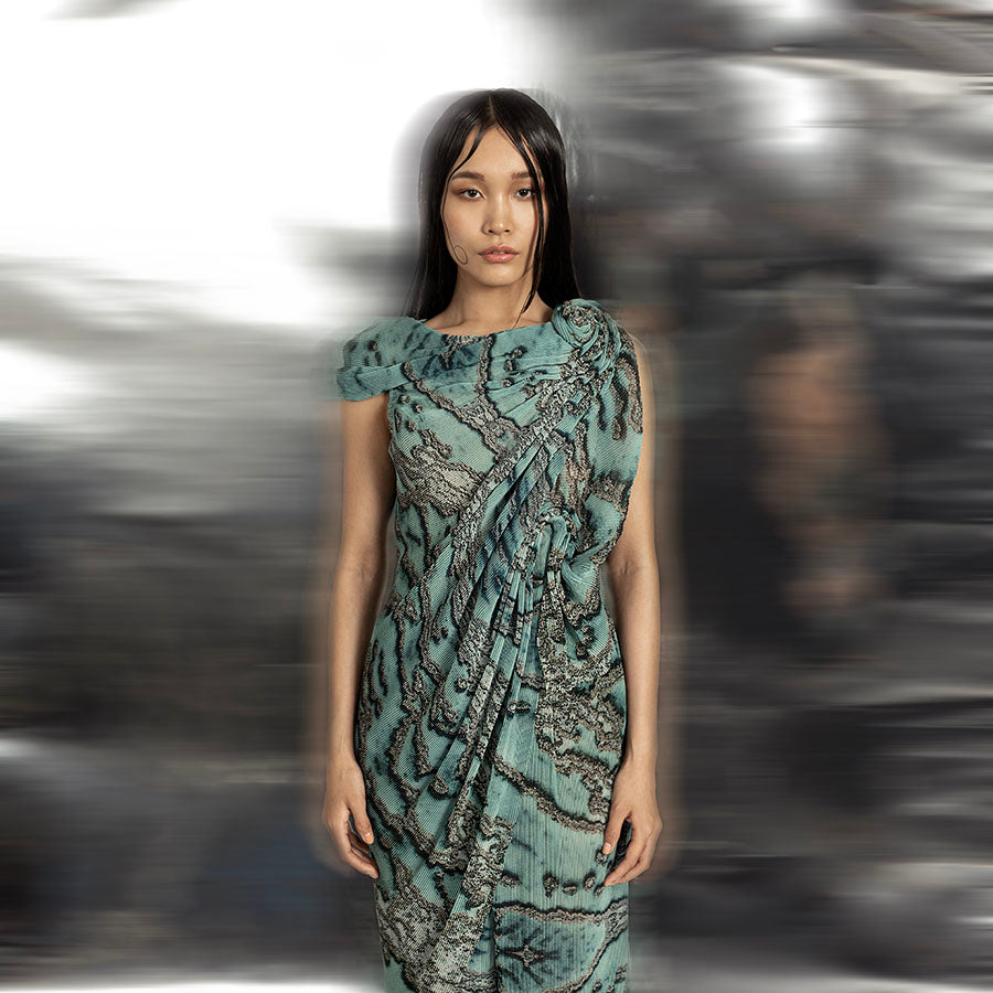 Fluid wave draped top with printed textured high-waisted trouser – breezy contemporary coord set