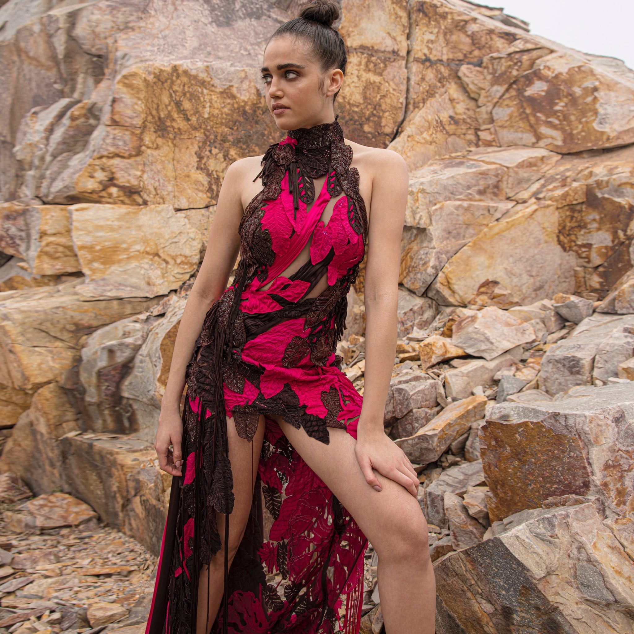 Front high slit gown with satin trail – bold eveningwear with flowing elegance, cocktail dress, red carpet look
