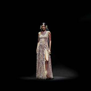 runway view of Women's gold embellished slit gown with one-shoulder fringe detailing – high-fashion cocktail gown, runway eveningwear