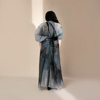 back view of Women's crystal-print layered dress with kimono sleeves and strappy back – shimmer textured gown for modern evening parties