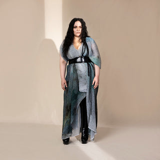 full front view of Women's crystal-textured draped dress with black waist wrap and layered panels – artistic silhouette for youngster party and evening events