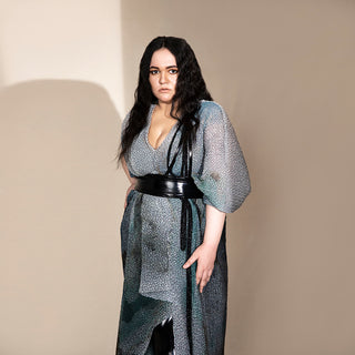 Women's graphic shimmer draped dress with kimono sleeves and black obi belt – crystallised texture for evening or youngster parties
