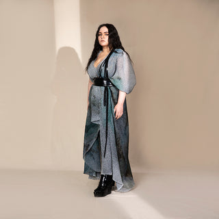 side view of Women's graphic crystal-textured gown with kimono sleeves and black obi-style back tie – modern shimmer silhouette for eveningwear