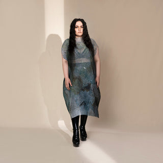 Graphic crystallised draped dress with raised neck – modern structured partywear