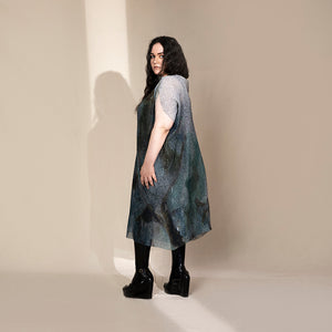 Women's fluid crystallised midi dress with raised neckline and cap sleeves – minimal structured eveningwear
