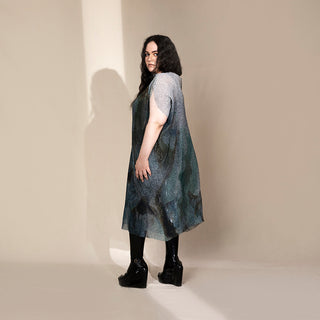 Women's fluid crystallised midi dress with raised neckline and cap sleeves – minimal structured eveningwear