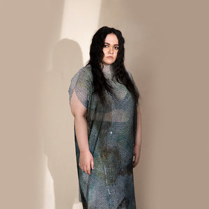  Women's structured crystallised midi dress with high collar and sheer overlay – bold contemporary eveningwear