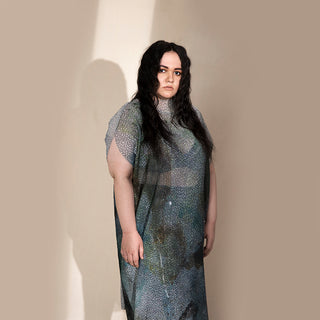  Women's structured crystallised midi dress with high collar and sheer overlay – bold contemporary eveningwear