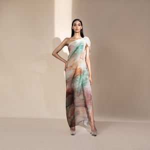 Graphic crystallised printed one-off shoulder draped outfit – asymmetric modern silhouette, statement dress,  summer elegant draped dress