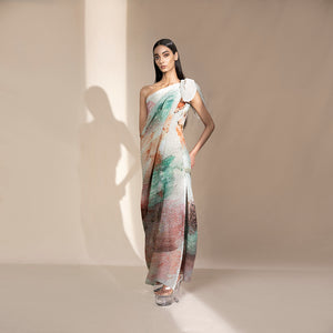 Women's asymmetric crystallised one-shoulder draped gown with sculptural bow and multicolor texture – statement summer couture look