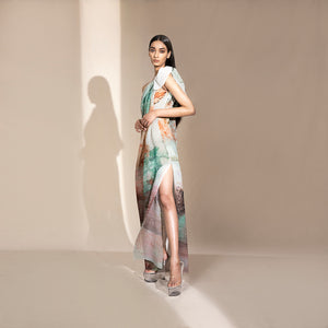 side shot of Women's asymmetric one-shoulder crystallised print gown with high slit and sculpted bow – summer statement dress with elegant drape