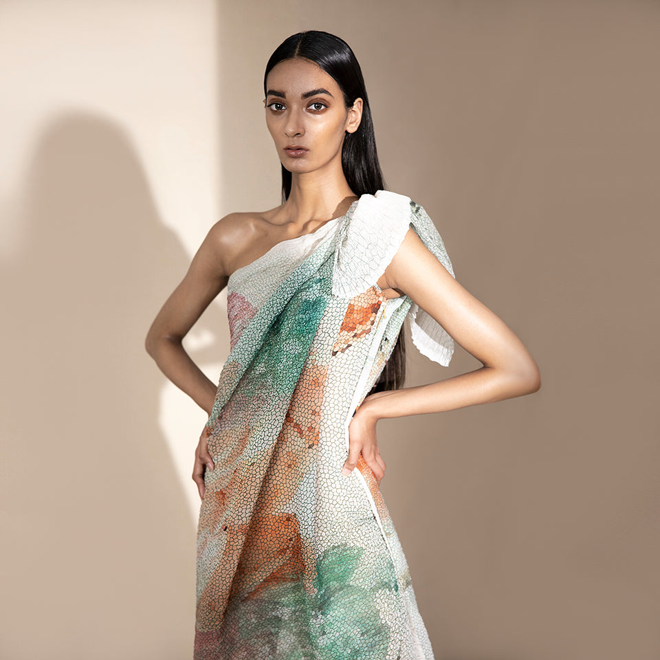 upperbody view of Women's one-shoulder crystallised print draped dress with sculpted bow detail – asymmetric summer silhouette with artistic finish