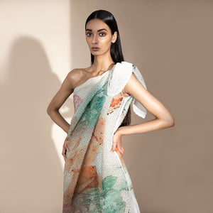 upperbody view of Women's one-shoulder crystallised print draped dress with sculpted bow detail – asymmetric summer silhouette with artistic finish