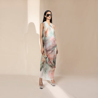Graphic crystallised draped V-neck dress – soft artistic lines with crystal finish, elegant print evening wear, draped dress