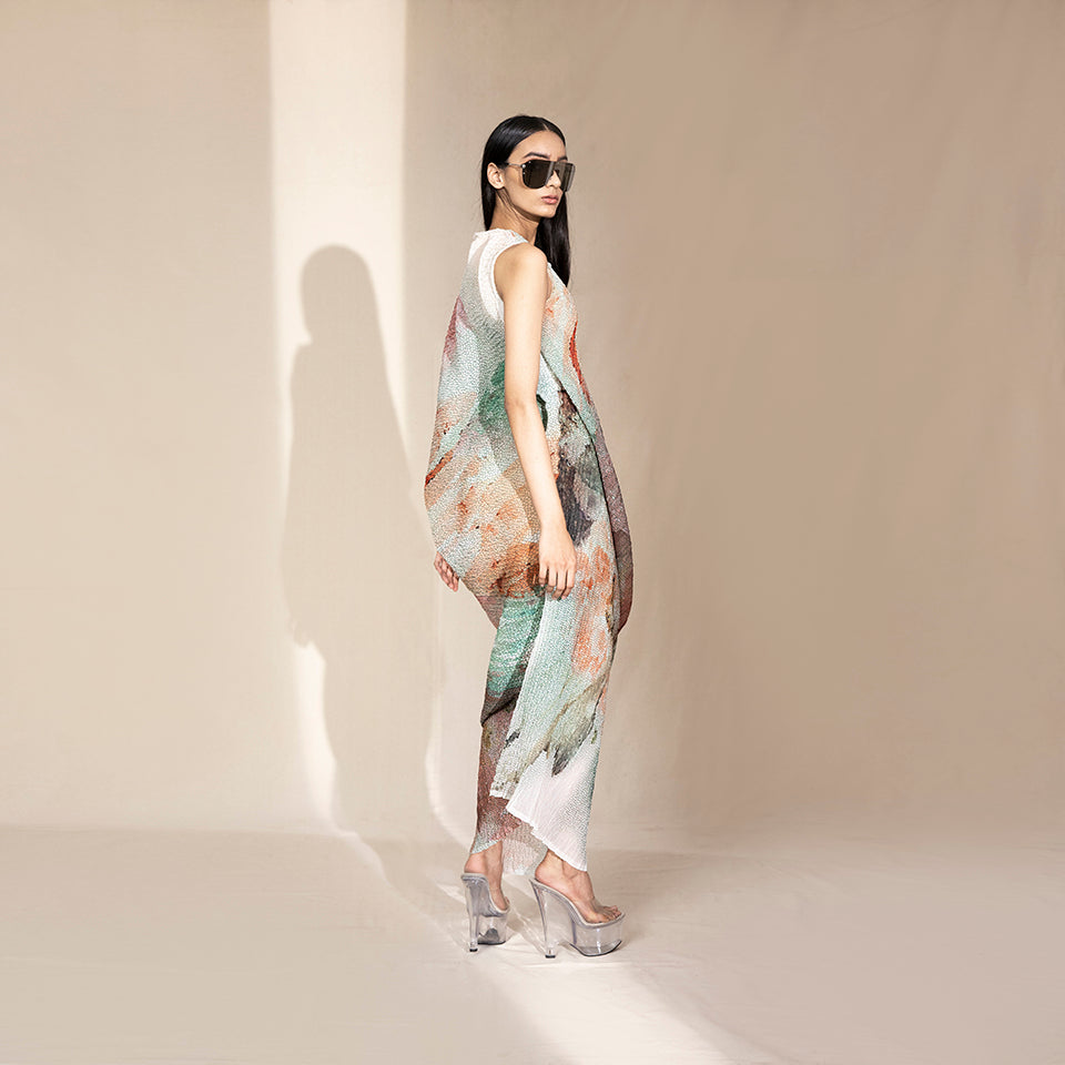 Women's pastel crystallised V-neck dress with asymmetric sculpted drape and artistic print – modern couture eveningwear