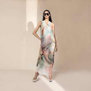 Women's crystallised V-neck draped dress with abstract pastel print and soft layered panels – elegant modern eveningwear