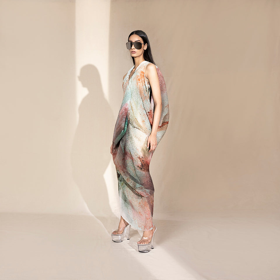 Women's crystallised V-neck gown with sculpted abstract drape and pastel tonal blend – artistic high-fashion evening dress