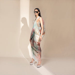 Women's crystallised V-neck gown with sculpted abstract drape and pastel tonal blend – artistic high-fashion evening dress