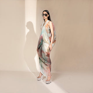 Women's crystallised V-neck gown with sculpted abstract drape and pastel tonal blend – artistic high-fashion evening dress