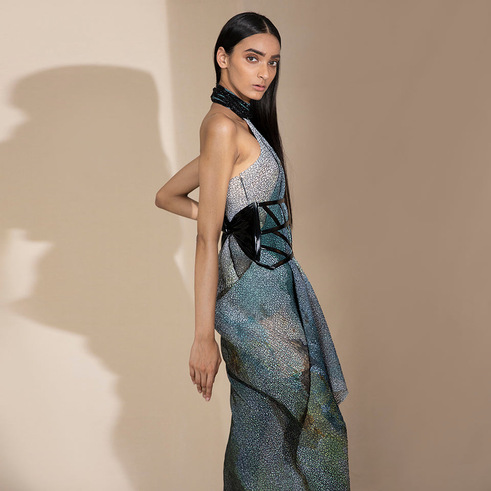 Graphic Crystallised Printed and Textured Halter Neck Draped Dress –  Abhishek Sharma