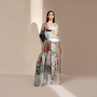 Graphic crystallised high-waist pleated flared pants – bold statement trousers, wrap around top, jump suit