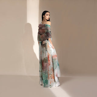 back view of Women's layered crystallised wrap blouse with abstract print palazzos – sculptural evening co-ord in fluid artistic drape
