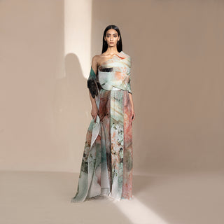 full length of Women's asymmetrical crystallised wrap top with fluid abstract print palazzos – artistic co-ord set for statement evening wear