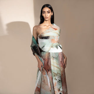 Women's crystallised abstract print co-ord set with asymmetrical wrap top and high-waist pleated pants – artistic wear for statement evenings