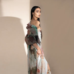 side view of Women's abstract crystallised off-shoulder wrap blouse with pleated pants – sculpted co-ord set for contemporary eveningwear