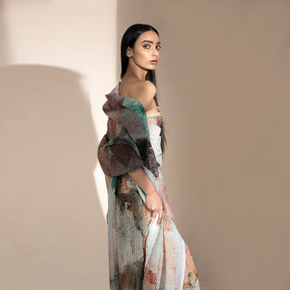 side view of Women's abstract crystallised off-shoulder wrap blouse with pleated pants – sculpted co-ord set for contemporary eveningwear