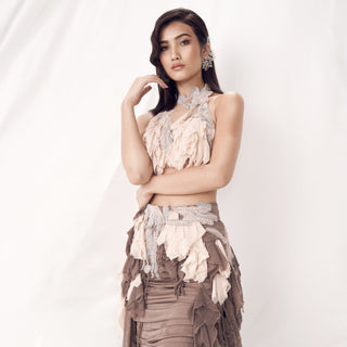 Halter cut top with handkerchief-style chiffon drip – designer asymmetrical silhouette