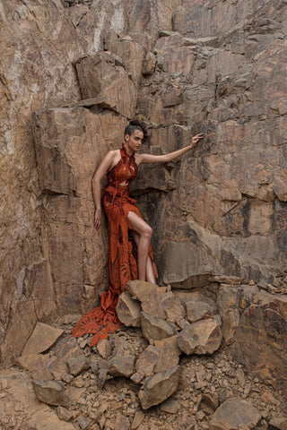 wide shot of Women's burnt orange halter gown with high slit and leaf applique trail – youthful statement look for cocktail evenings