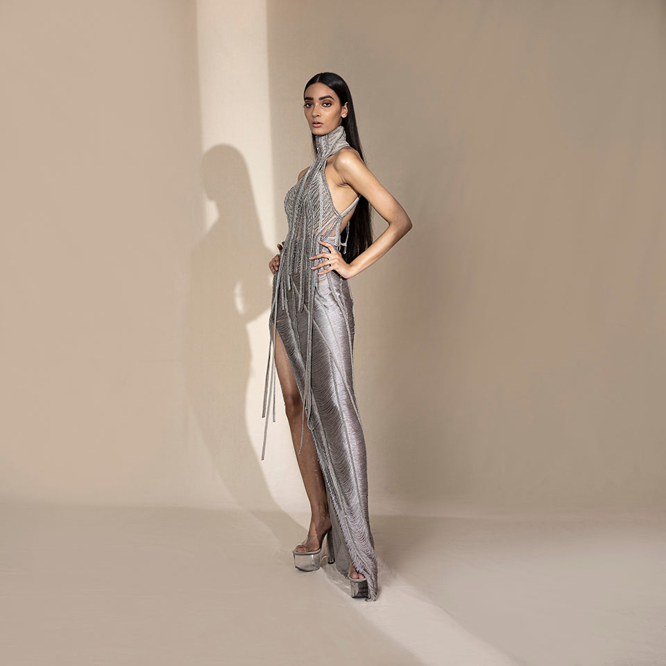 High Collar Halter Neck Backless Dress with Silk Yarn and Crystalline Abhishek Sharma High Collar Halter Neck Backless Dress with Silk Yarn and Crystalline Abhishek Sharma