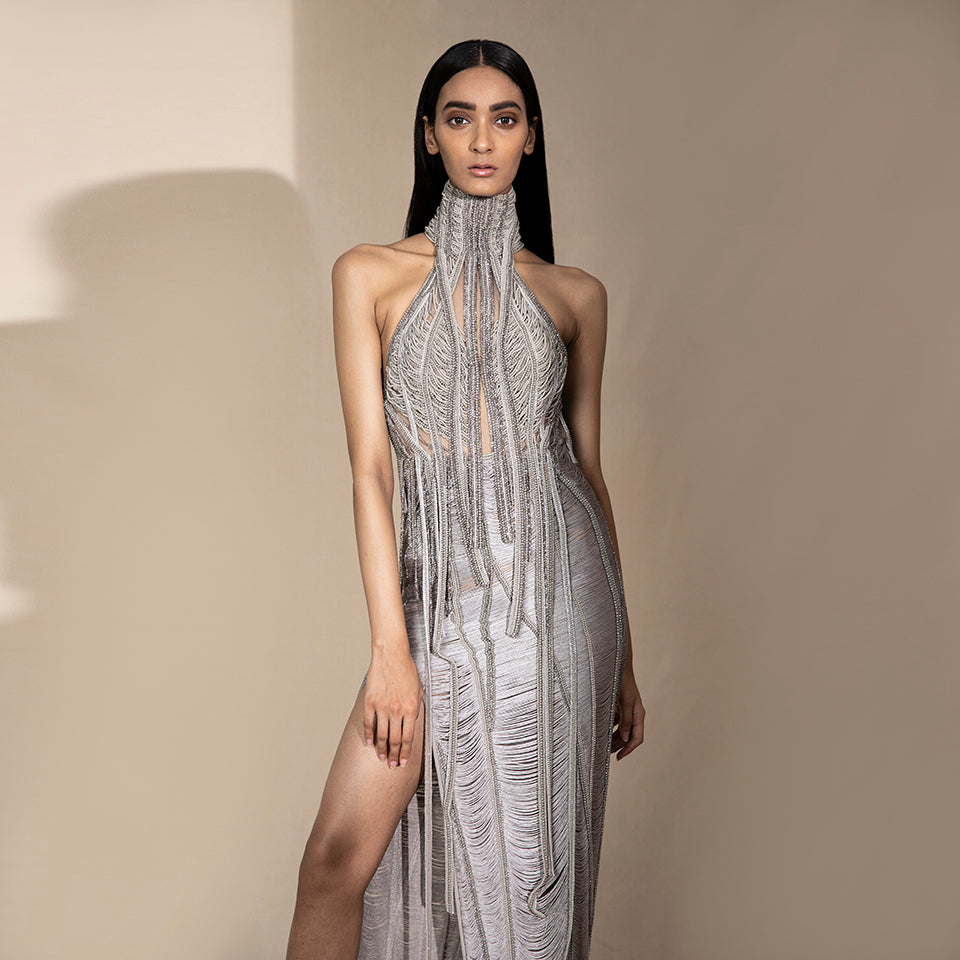 High Collar Halter Neck Backless Dress with Silk Yarn and Crystalline Abhishek Sharma High Collar Halter Neck Backless Dress with Silk Yarn and Crystalline Abhishek Sharma