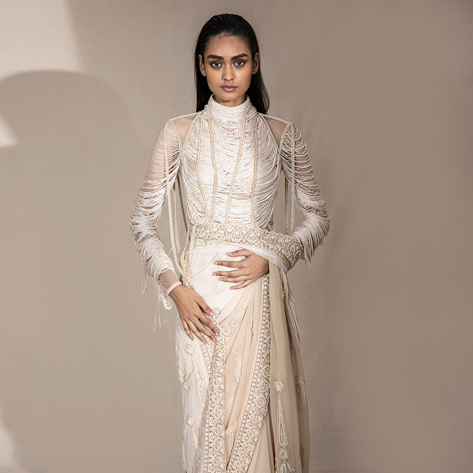 Ivory high collar blouse with silk yarn and ombre chiffon saree – artistic modern saree ensemble, pre pleated draped saree, statement top