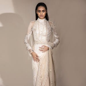 Ivory high collar blouse with silk yarn and ombre chiffon saree – artistic modern saree ensemble, pre pleated draped saree, statement top