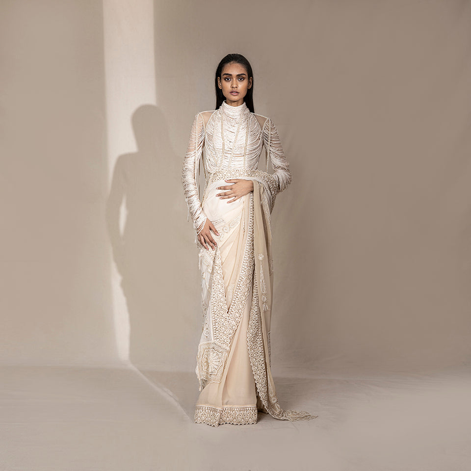 full length of Women's ivory high collar blouse with silk yarn overlay and ombre embroidered chiffon saree – contemporary couture saree look, pre-stitched drape